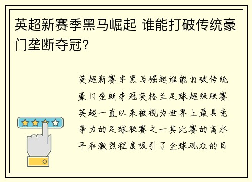 英超新赛季黑马崛起 谁能打破传统豪门垄断夺冠？